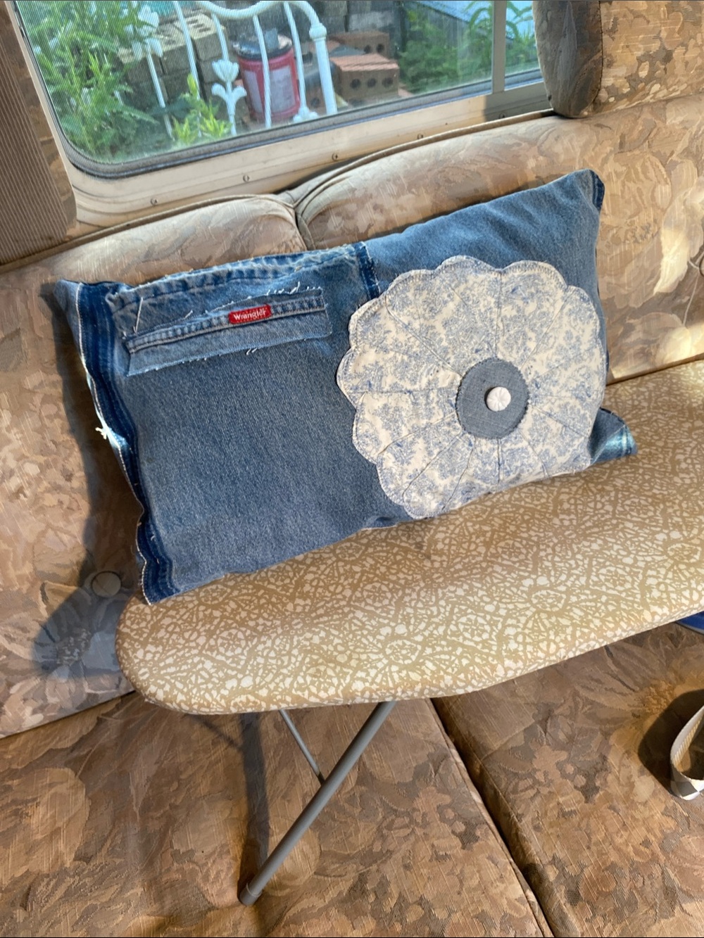 Wrangler Blue Denim Pillow with White Floral Appliqué